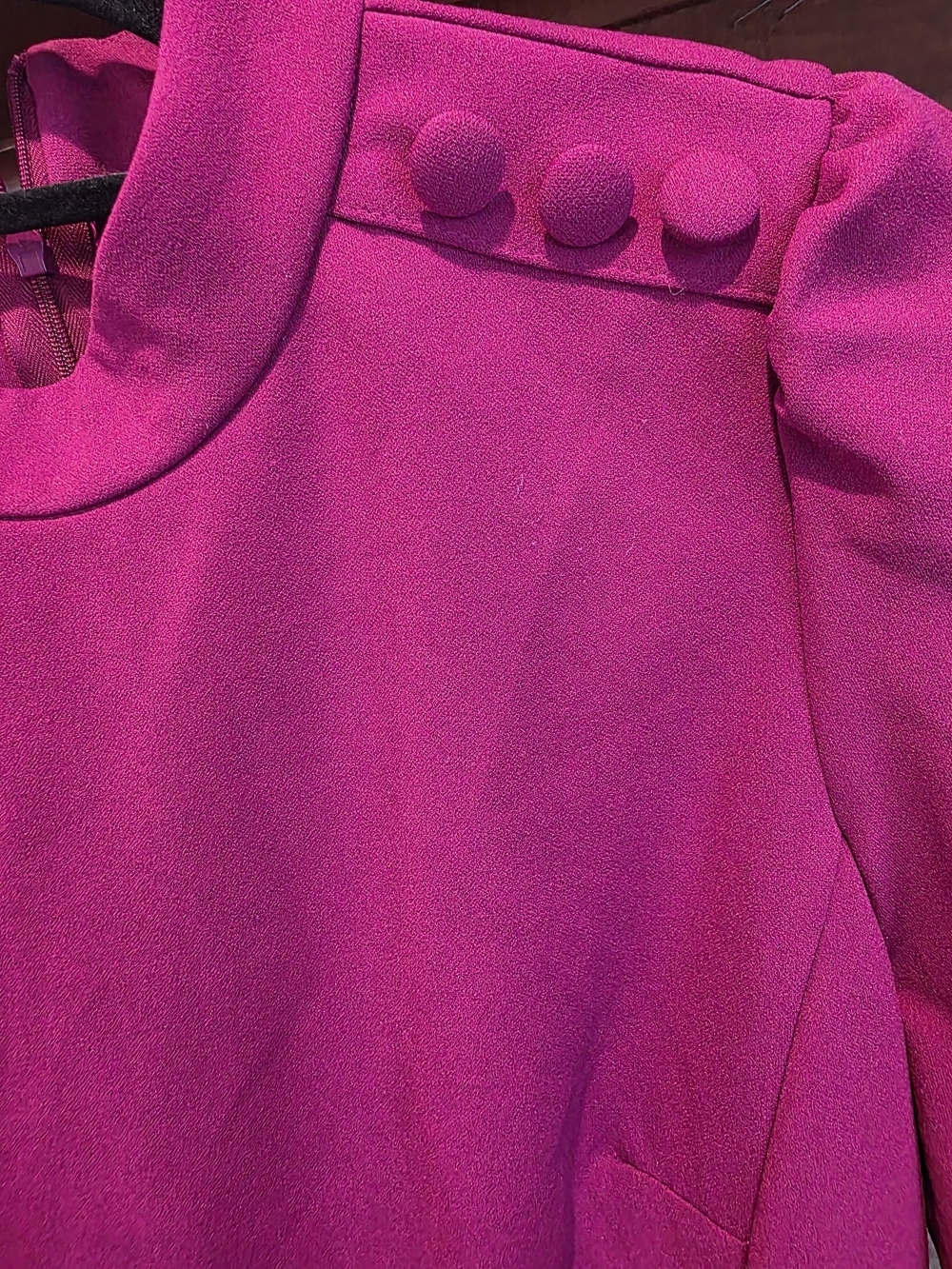 Donna Morgan Fuchsia Midi Sheath Dress with Button-Trim Shoulder - Picture 5 of 7